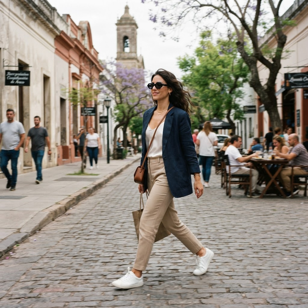 Persona usando anteojos en movimiento por la ciudad